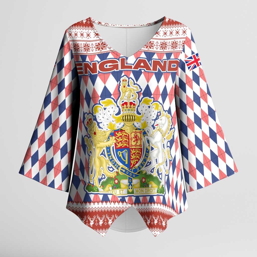 England Christmas Kimono Sleeve Blouse with Red Blue White Diamond Pattern Santa and Coat of Arms - Wonder Print Shop