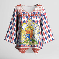 England Christmas Kimono Sleeve Blouse with Red Blue White Diamond Pattern Santa and Coat of Arms - Wonder Print Shop