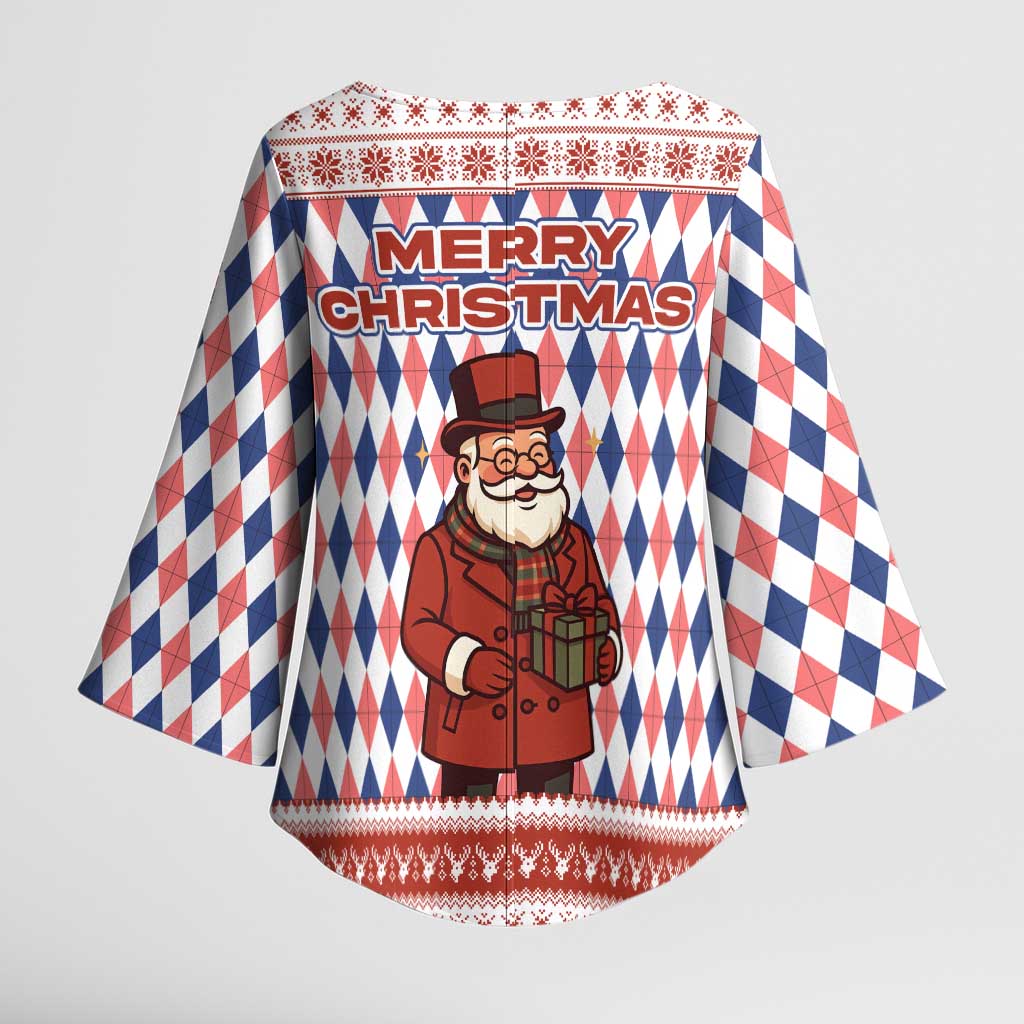 England Christmas Kimono Sleeve Blouse with Red Blue White Diamond Pattern Santa and Coat of Arms - Wonder Print Shop