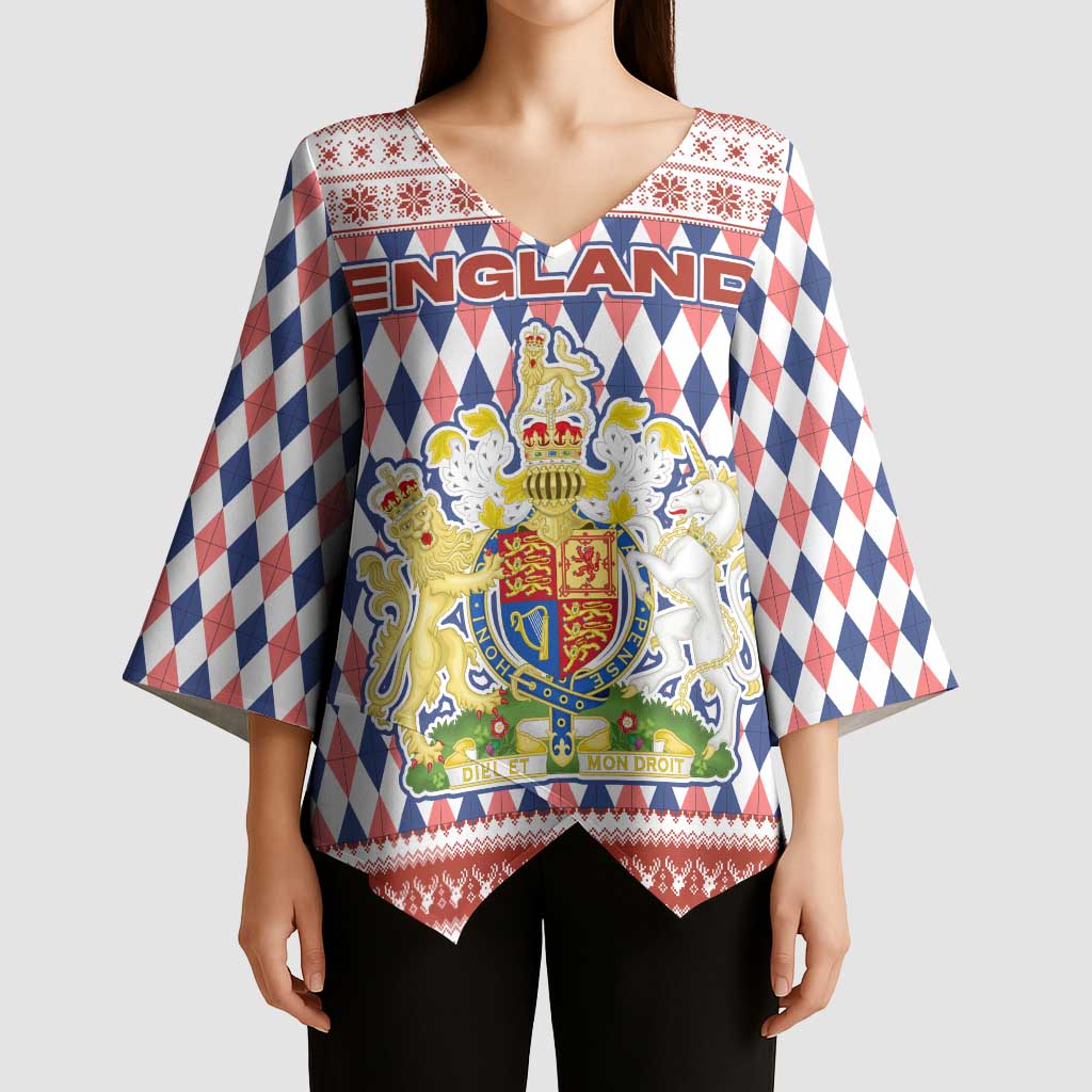 England Christmas Kimono Sleeve Blouse with Red Blue White Diamond Pattern Santa and Coat of Arms - Wonder Print Shop
