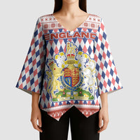 England Christmas Kimono Sleeve Blouse with Red Blue White Diamond Pattern Santa and Coat of Arms - Wonder Print Shop