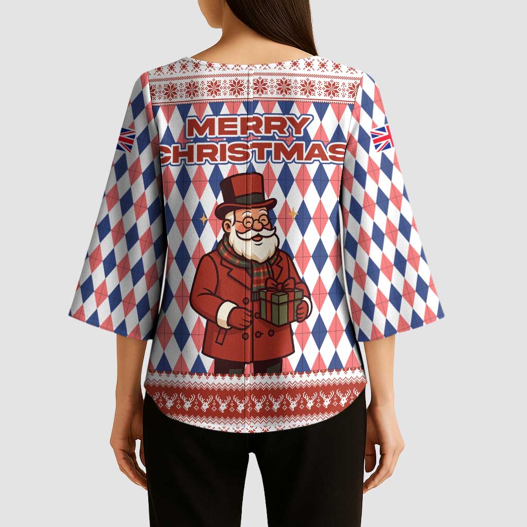 England Christmas Kimono Sleeve Blouse with Red Blue White Diamond Pattern Santa and Coat of Arms - Wonder Print Shop