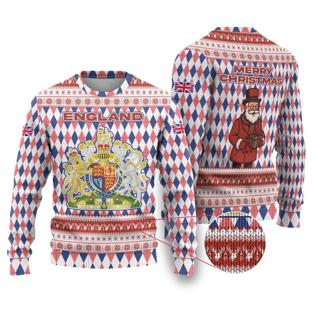 England Christmas Ugly Christmas Sweater with Red Blue White Diamond Pattern Santa and Coat of Arms - Wonder Print Shop