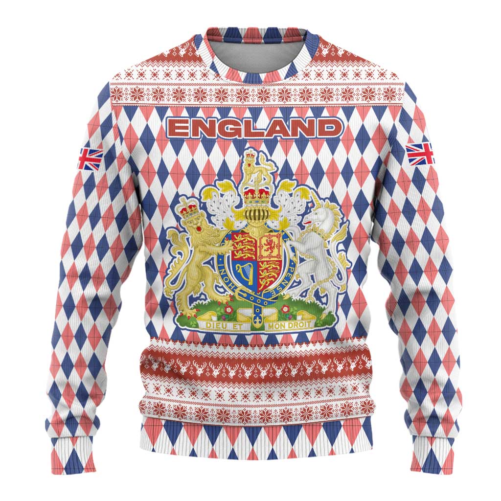 England Christmas Ugly Christmas Sweater with Red Blue White Diamond Pattern Santa and Coat of Arms - Wonder Print Shop