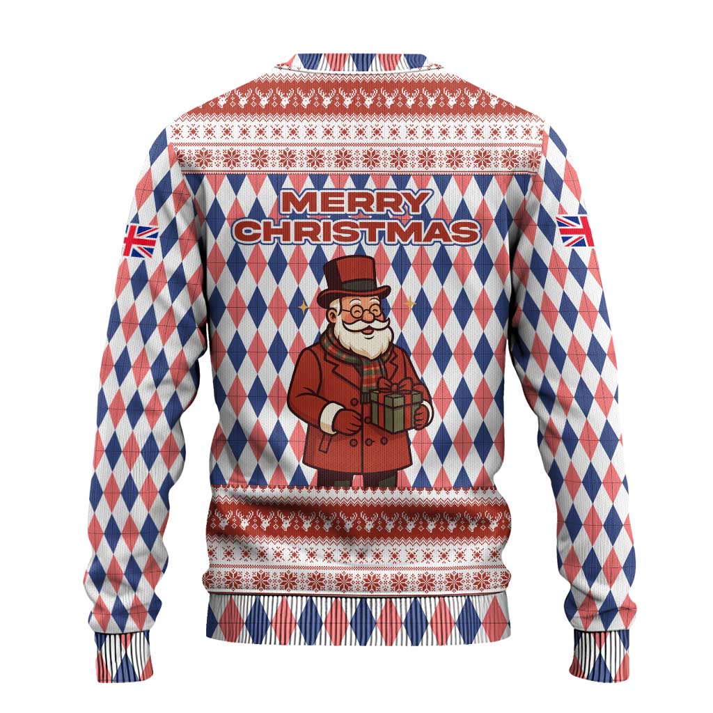England Christmas Ugly Christmas Sweater with Red Blue White Diamond Pattern Santa and Coat of Arms - Wonder Print Shop