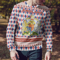 England Christmas Ugly Christmas Sweater with Red Blue White Diamond Pattern Santa and Coat of Arms - Wonder Print Shop