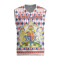 England Christmas Knitted V-Neck Vest with Red Blue White Diamond Pattern Santa and Coat of Arms - Wonder Print Shop