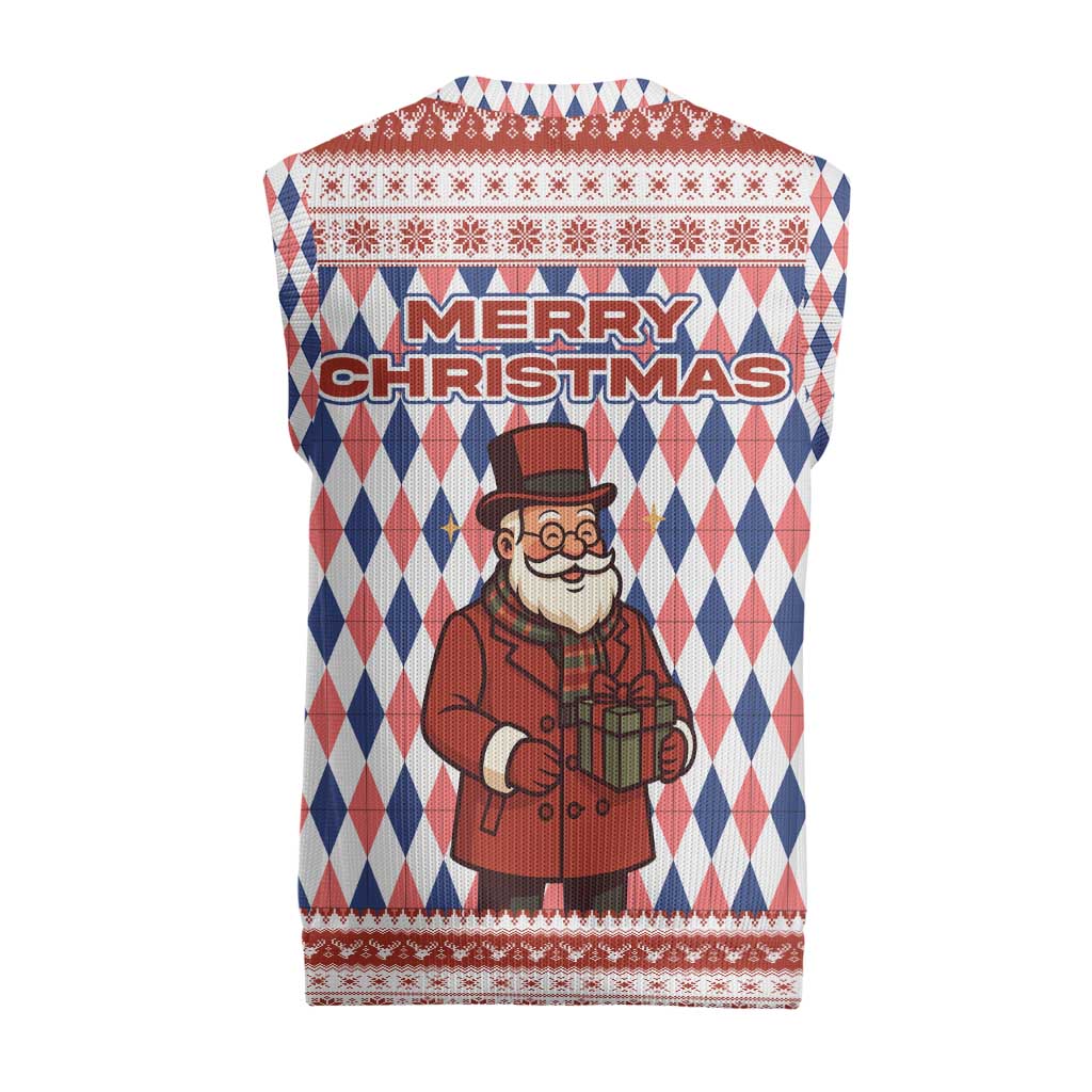 England Christmas Knitted V-Neck Vest with Red Blue White Diamond Pattern Santa and Coat of Arms - Wonder Print Shop