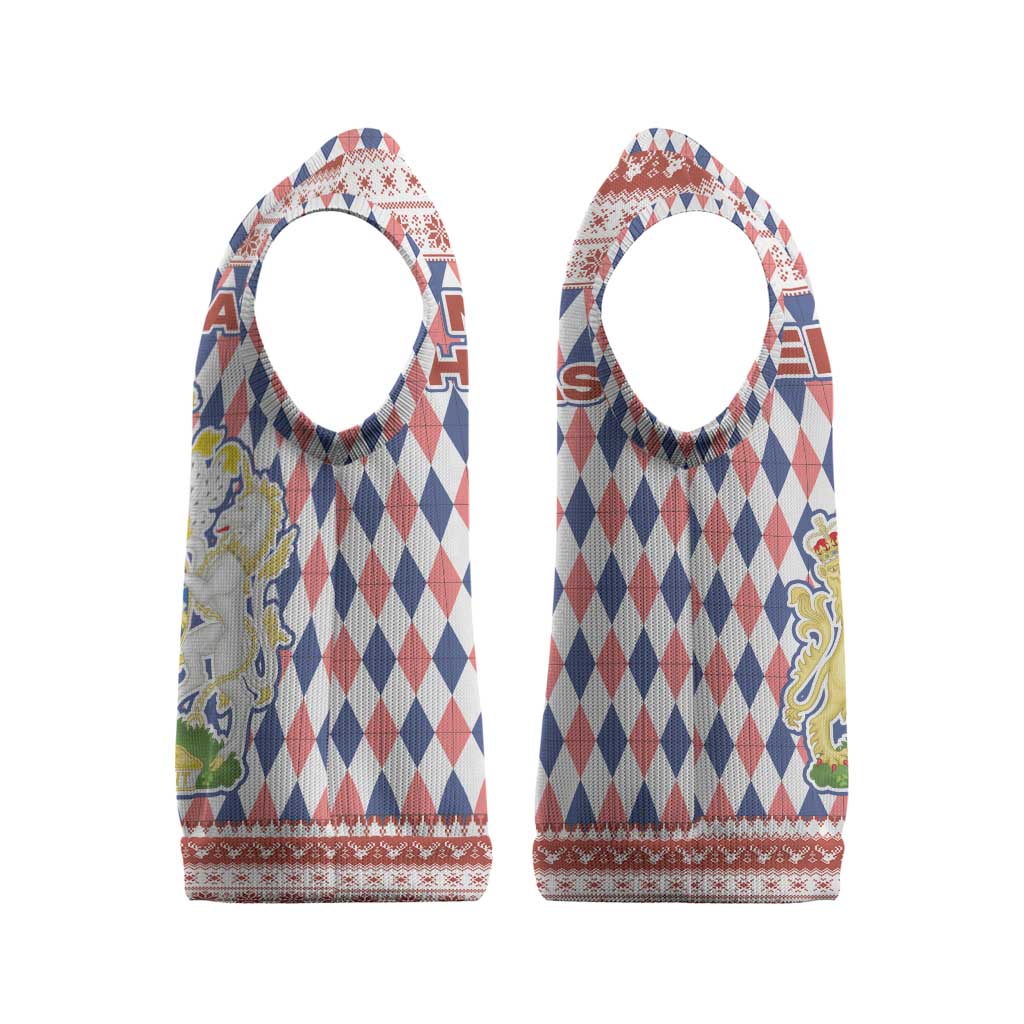 England Christmas Knitted V-Neck Vest with Red Blue White Diamond Pattern Santa and Coat of Arms - Wonder Print Shop