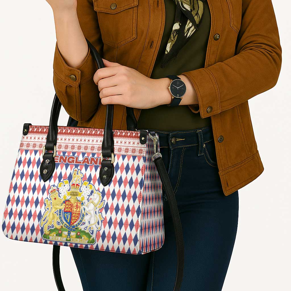 England Christmas Leather Bag with Red Blue White Diamond Pattern Santa and Coat of Arms - Wonder Print Shop