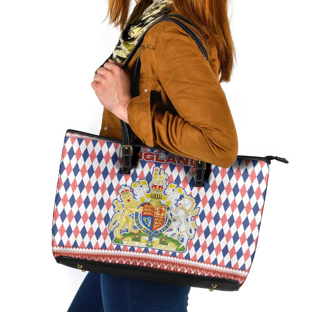 England Christmas Leather Tote Bag with Red Blue White Diamond Pattern Santa and Coat of Arms - Wonder Print Shop