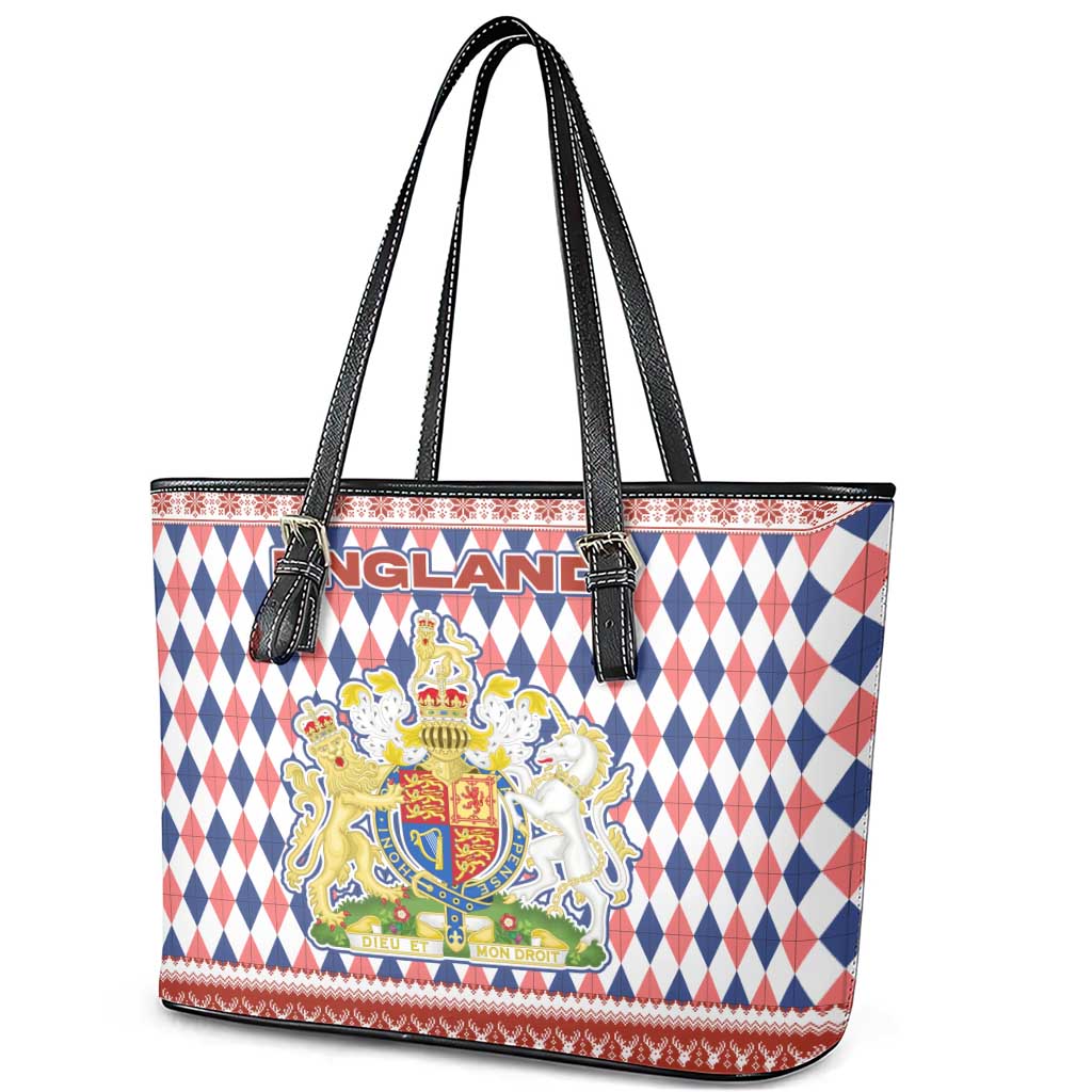 England Christmas Leather Tote Bag with Red Blue White Diamond Pattern Santa and Coat of Arms - Wonder Print Shop