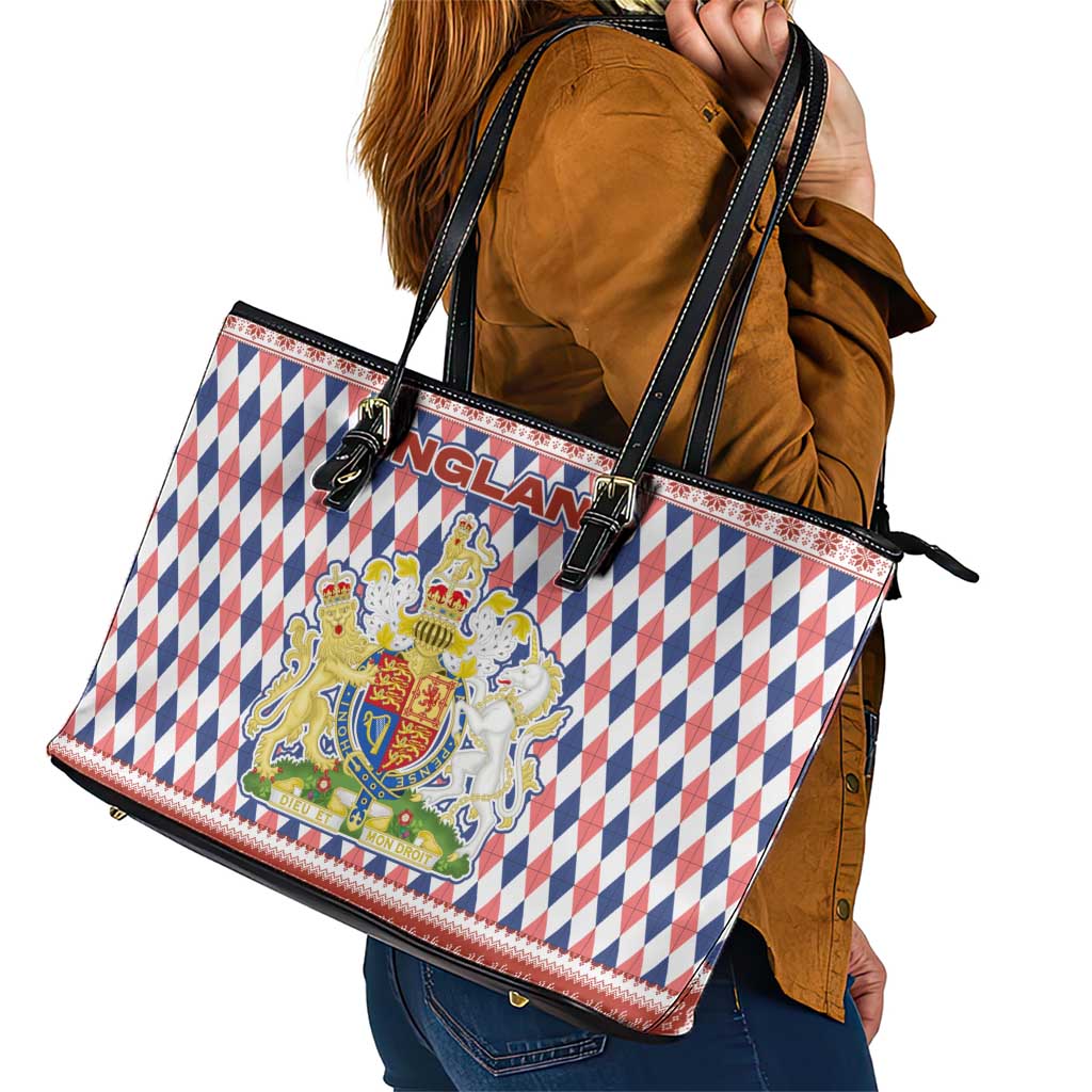 England Christmas Leather Tote Bag with Red Blue White Diamond Pattern Santa and Coat of Arms - Wonder Print Shop