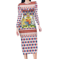 England Christmas Long Sleeve Bodycon Dress with Red Blue White Diamond Pattern Santa and Coat of Arms - Wonder Print Shop
