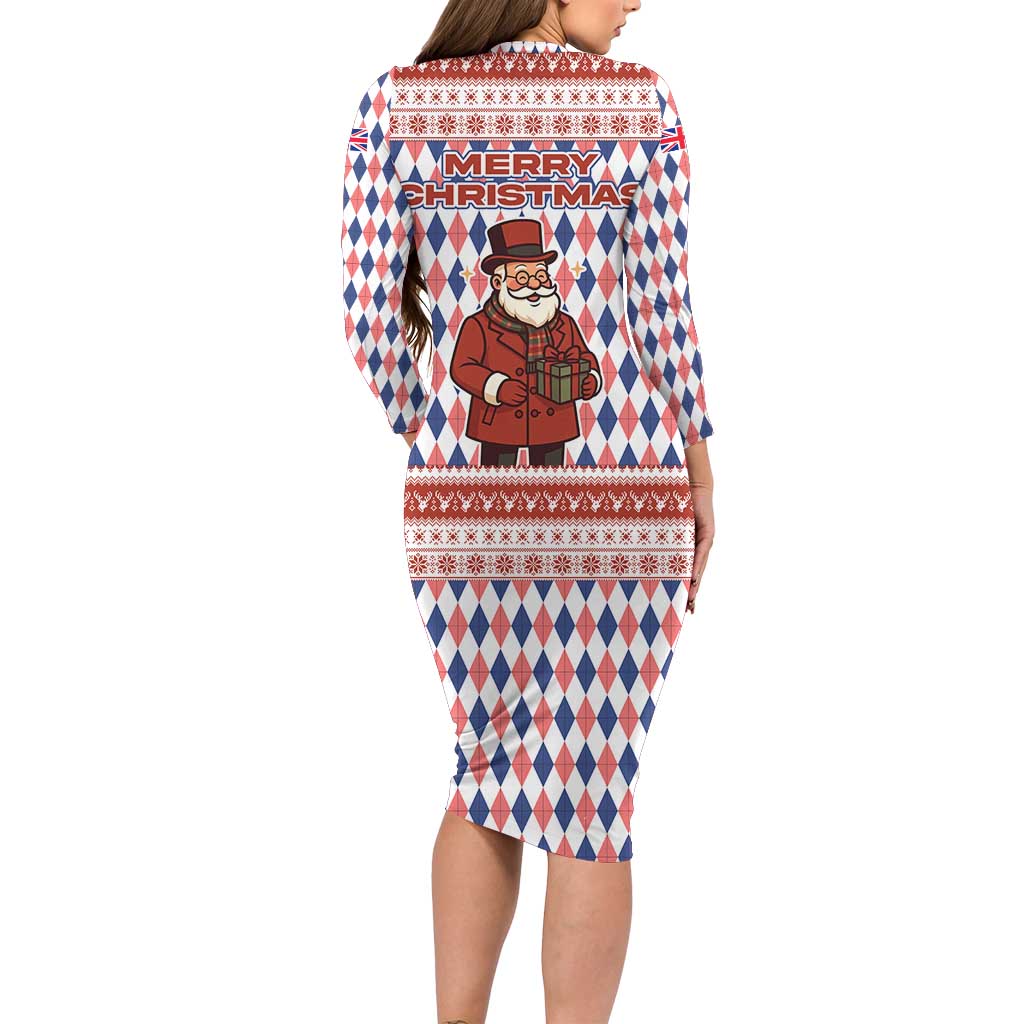 England Christmas Long Sleeve Bodycon Dress with Red Blue White Diamond Pattern Santa and Coat of Arms - Wonder Print Shop