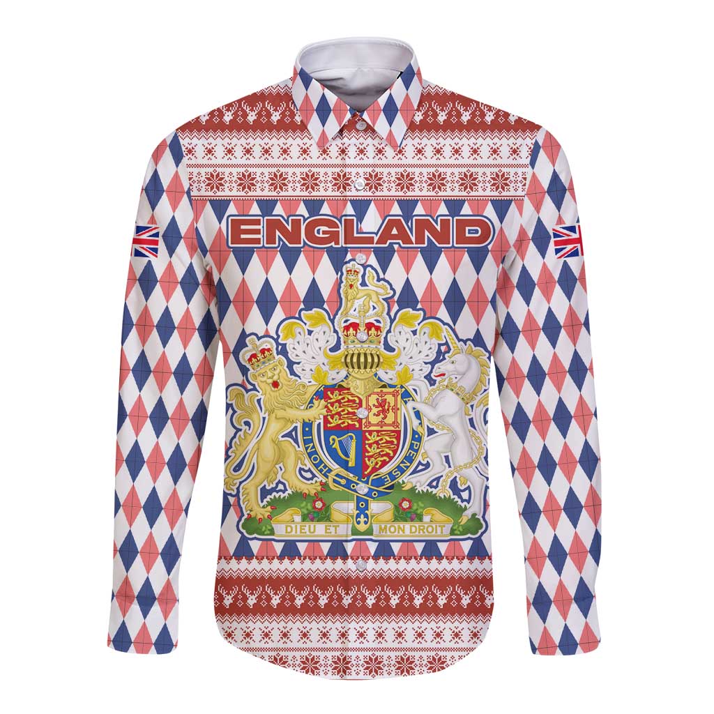 England Christmas Long Sleeve Button Shirt with Red Blue White Diamond Pattern Santa and Coat of Arms - Wonder Print Shop