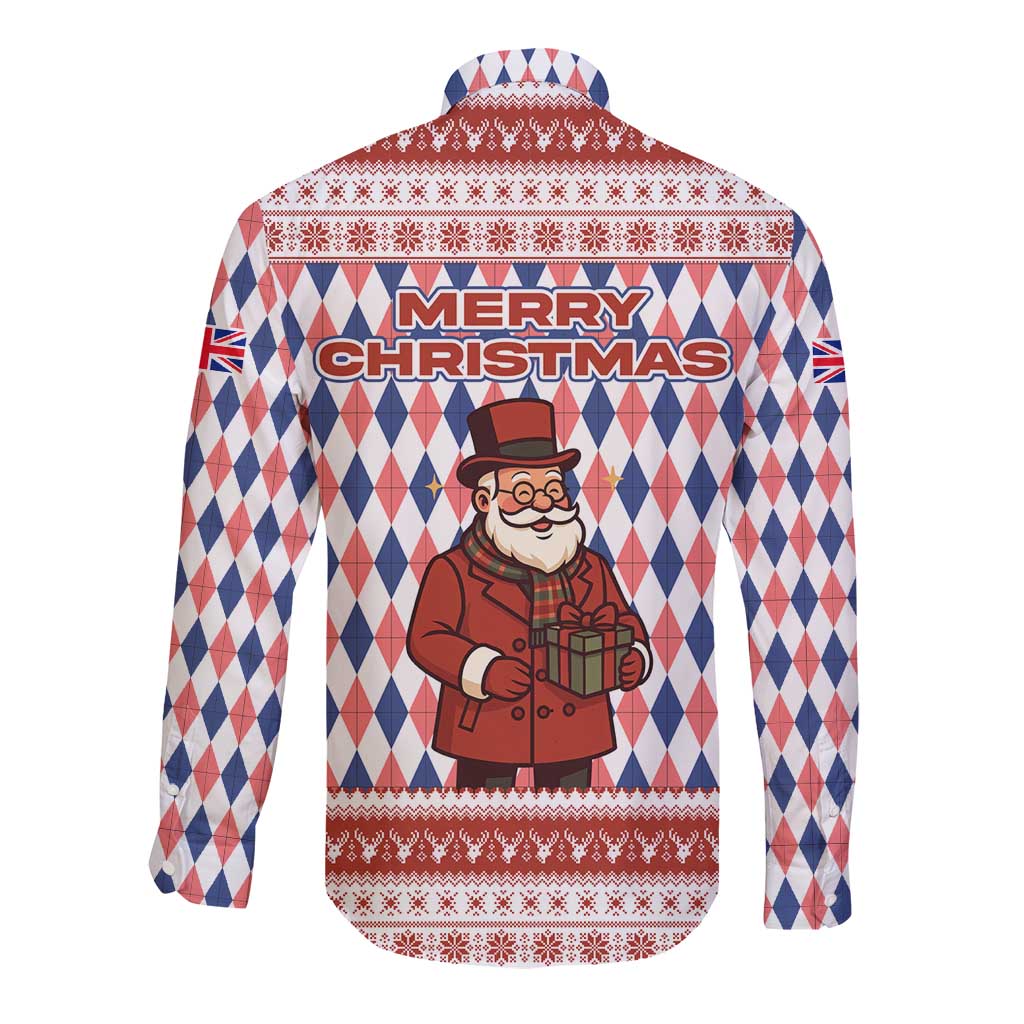 England Christmas Long Sleeve Button Shirt with Red Blue White Diamond Pattern Santa and Coat of Arms - Wonder Print Shop