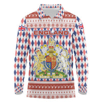 England Christmas Long Sleeve Polo Shirt with Red Blue White Diamond Pattern Santa and Coat of Arms - Wonder Print Shop