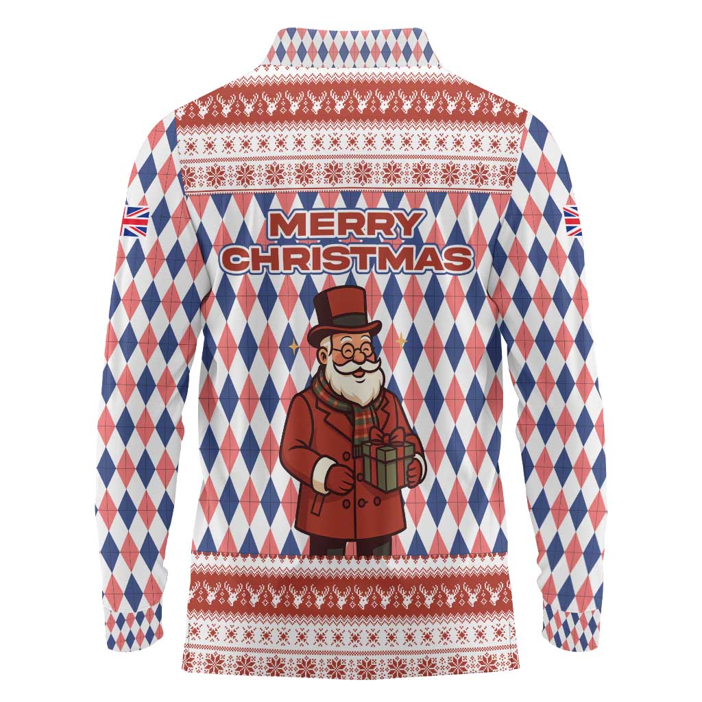 England Christmas Long Sleeve Polo Shirt with Red Blue White Diamond Pattern Santa and Coat of Arms - Wonder Print Shop