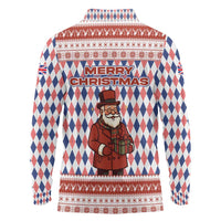 England Christmas Long Sleeve Polo Shirt with Red Blue White Diamond Pattern Santa and Coat of Arms - Wonder Print Shop