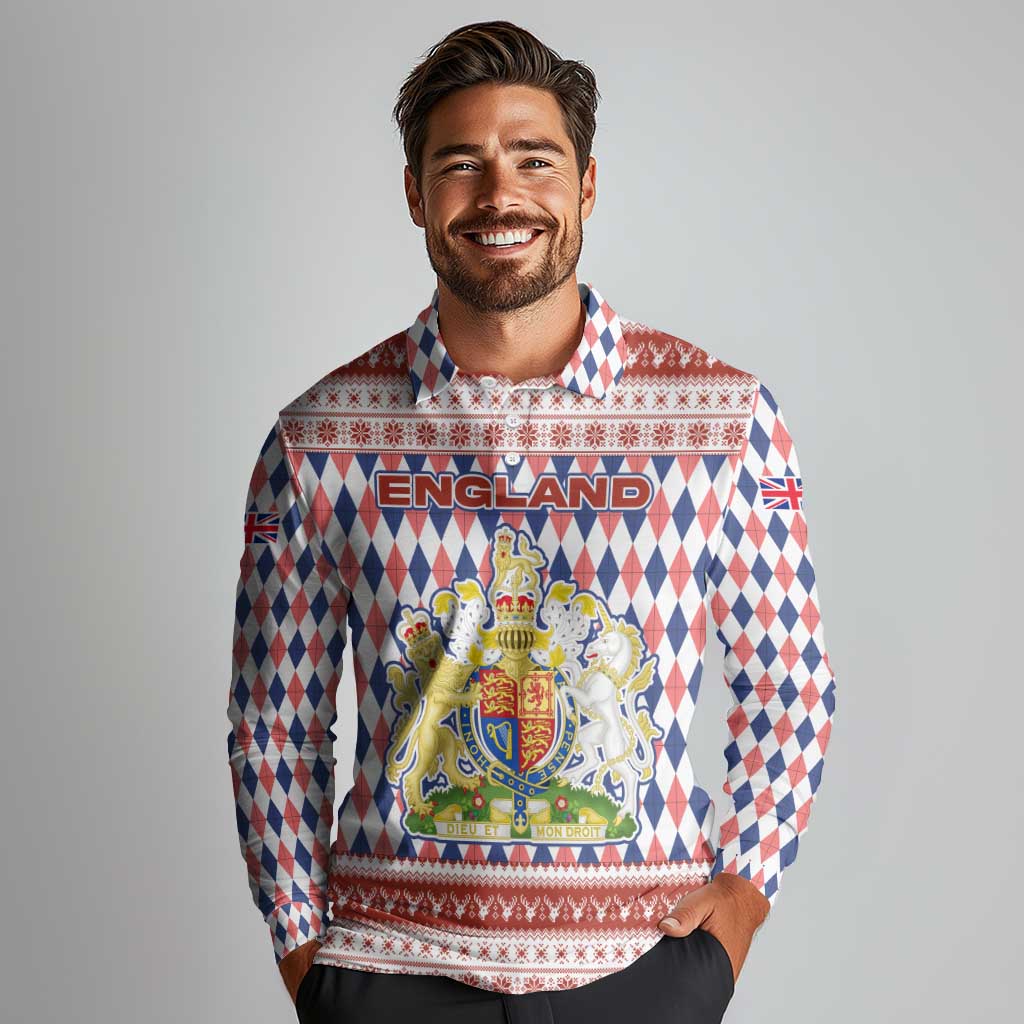 England Christmas Long Sleeve Polo Shirt with Red Blue White Diamond Pattern Santa and Coat of Arms - Wonder Print Shop