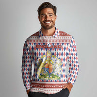 England Christmas Long Sleeve Polo Shirt with Red Blue White Diamond Pattern Santa and Coat of Arms - Wonder Print Shop