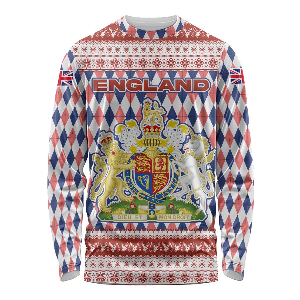 England Christmas Long Sleeve Shirt with Red Blue White Diamond Pattern Santa and Coat of Arms - Wonder Print Shop