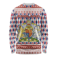 England Christmas Long Sleeve Shirt with Red Blue White Diamond Pattern Santa and Coat of Arms - Wonder Print Shop