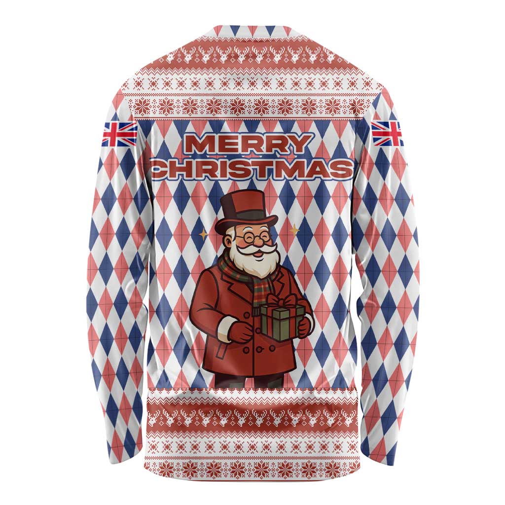 England Christmas Long Sleeve Shirt with Red Blue White Diamond Pattern Santa and Coat of Arms - Wonder Print Shop