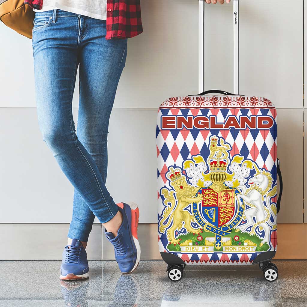 England Christmas Luggage Cover with Red Blue White Diamond Pattern Santa and Coat of Arms - Wonder Print Shop