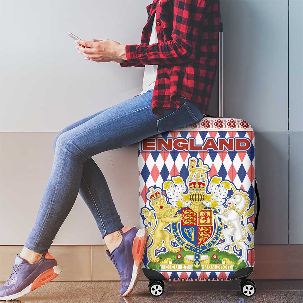 England Christmas Luggage Cover with Red Blue White Diamond Pattern Santa and Coat of Arms - Wonder Print Shop