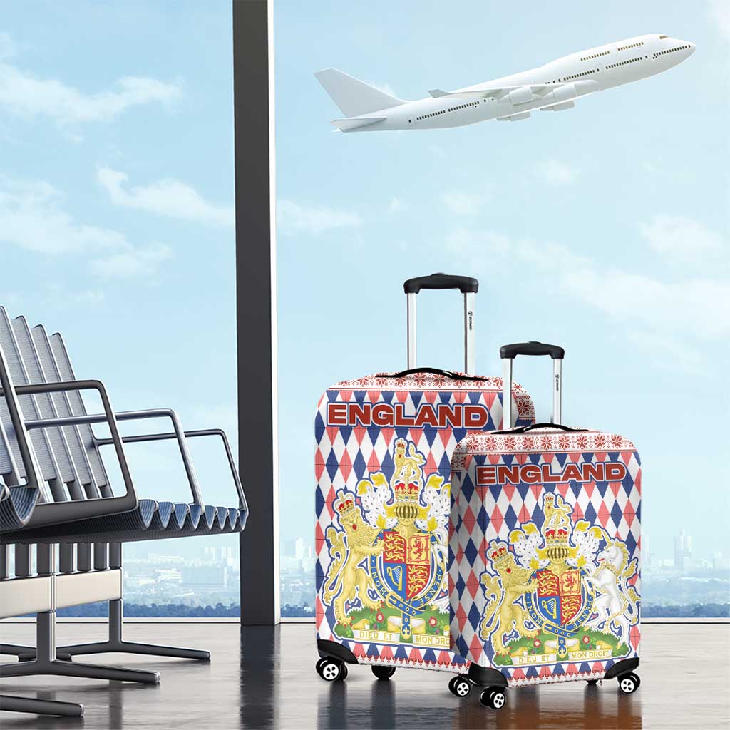 England Christmas Luggage Cover with Red Blue White Diamond Pattern Santa and Coat of Arms - Wonder Print Shop