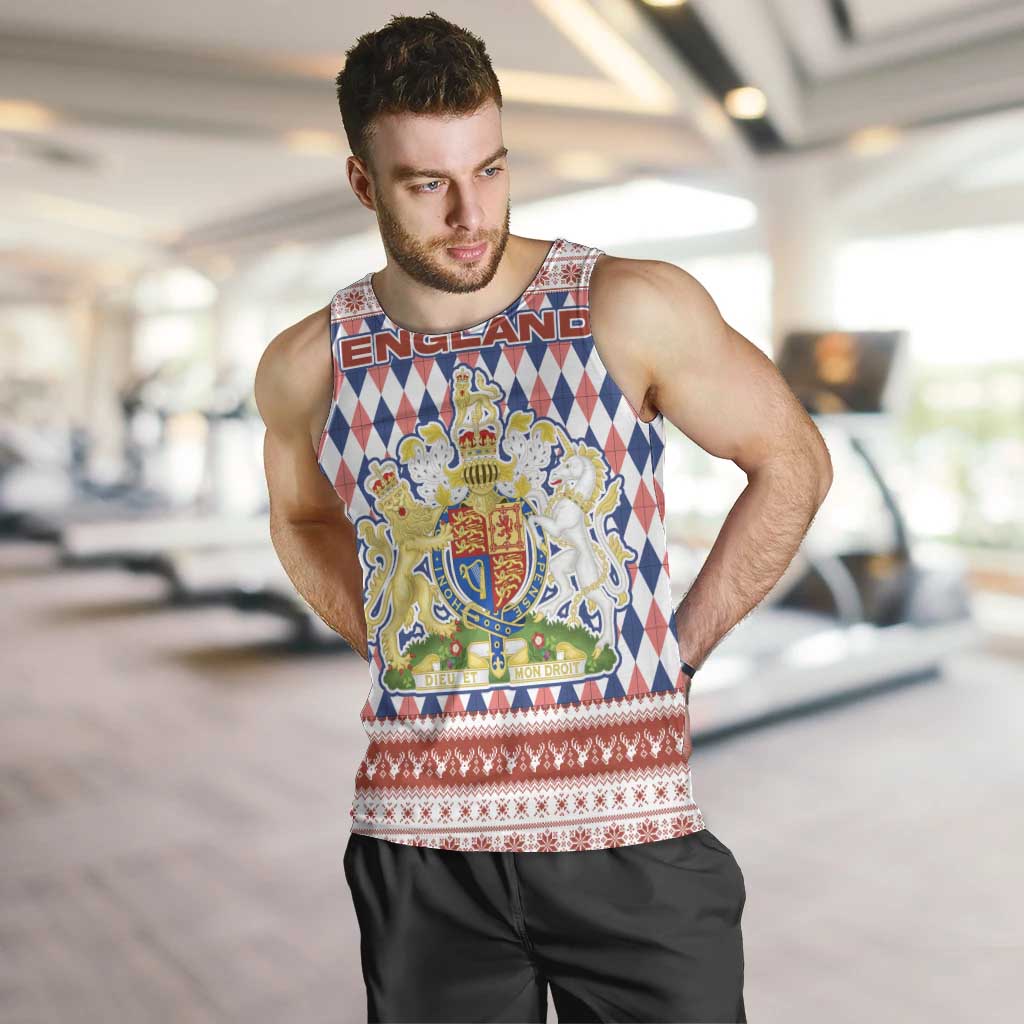 England Christmas Men Tank Top with Red Blue White Diamond Pattern Santa and Coat of Arms - Wonder Print Shop
