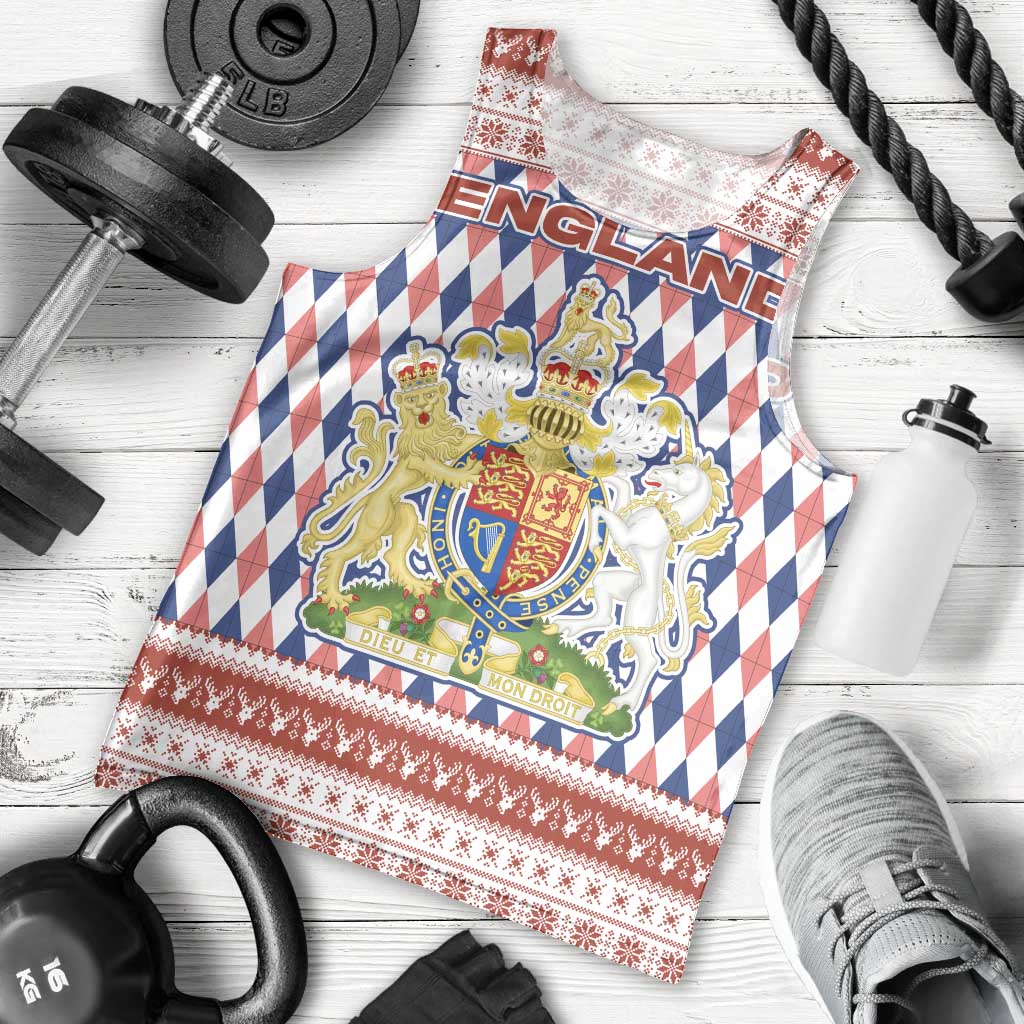 England Christmas Men Tank Top with Red Blue White Diamond Pattern Santa and Coat of Arms - Wonder Print Shop