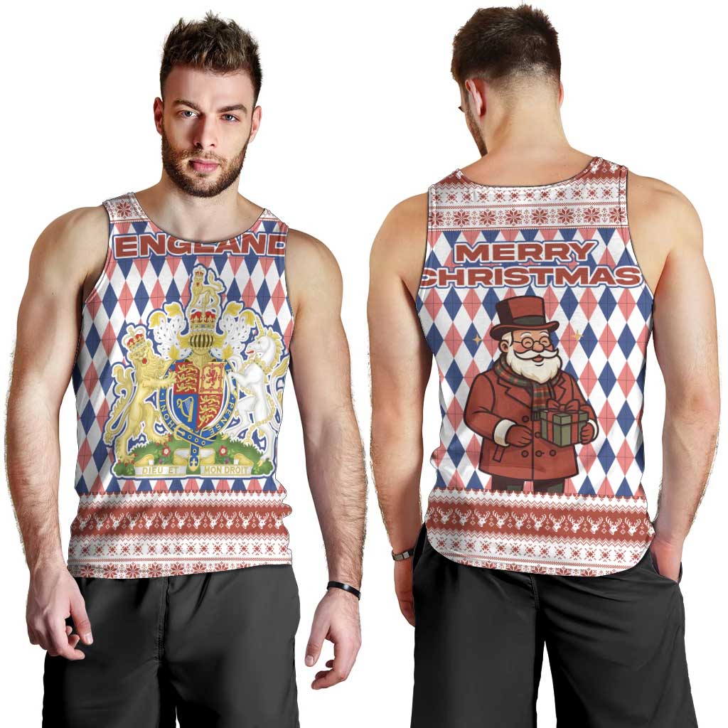 England Christmas Men Tank Top with Red Blue White Diamond Pattern Santa and Coat of Arms - Wonder Print Shop
