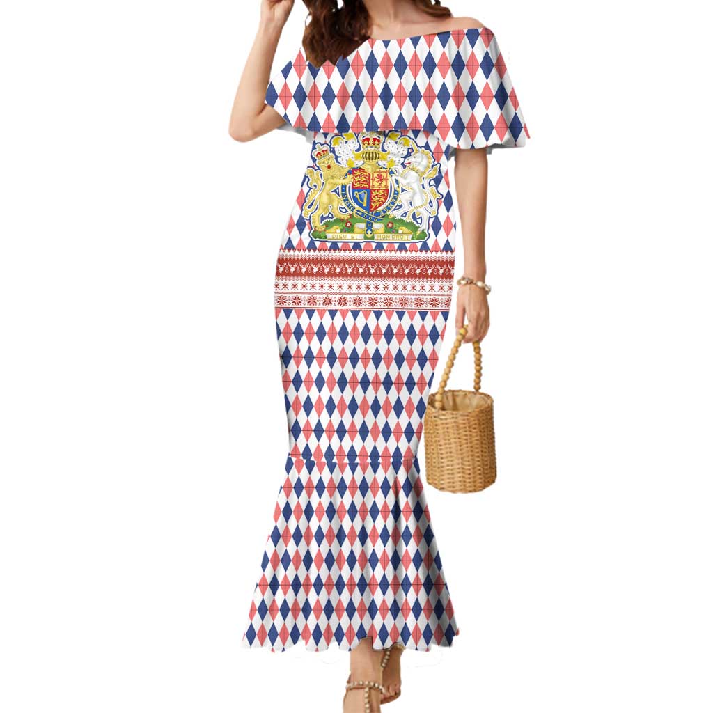 England Christmas Mermaid Dress with Red Blue White Diamond Pattern Santa and Coat of Arms - Wonder Print Shop