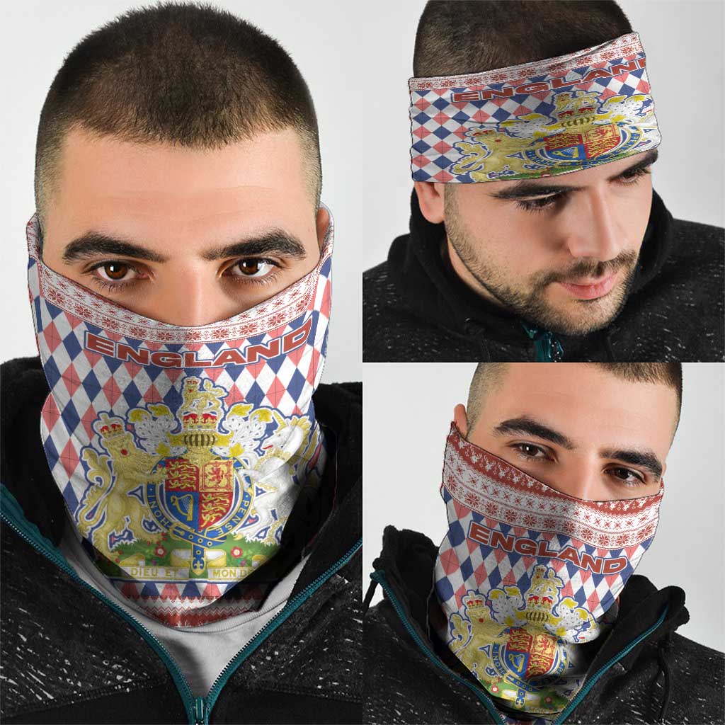 England Christmas Neck Gaiter with Red Blue White Diamond Pattern Santa and Coat of Arms - Wonder Print Shop