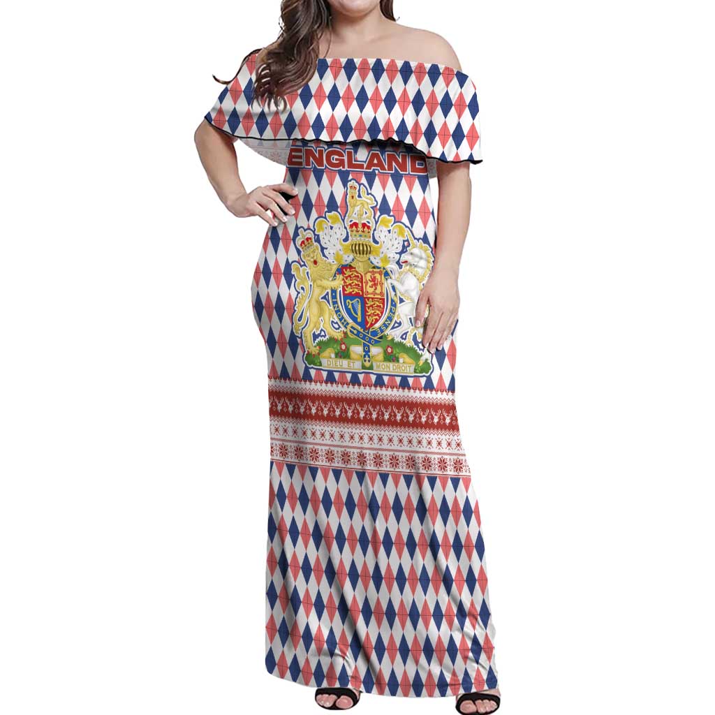 England Christmas Off Shoulder Maxi Dress with Red Blue White Diamond Pattern Santa and Coat of Arms - Wonder Print Shop