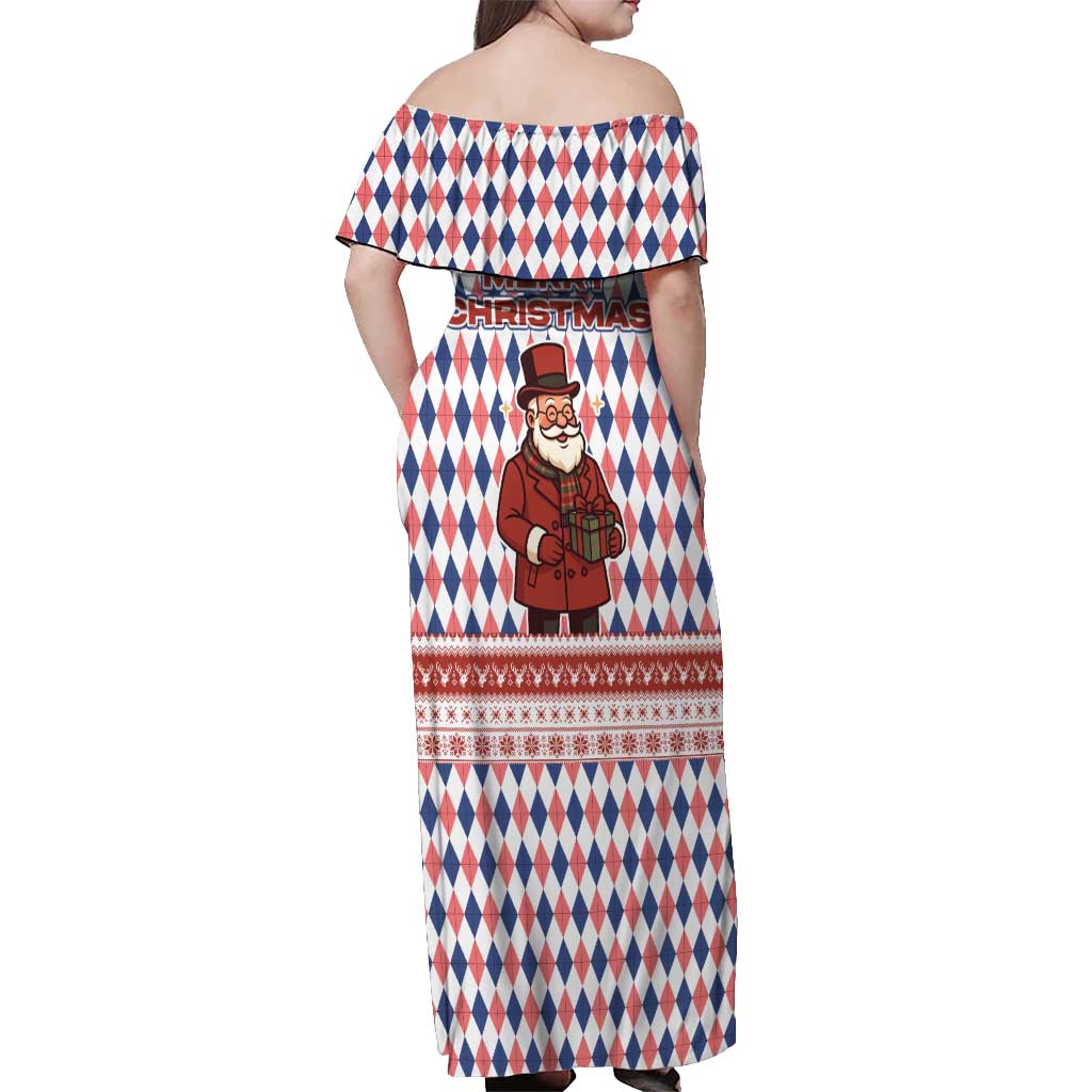 England Christmas Off Shoulder Maxi Dress with Red Blue White Diamond Pattern Santa and Coat of Arms - Wonder Print Shop