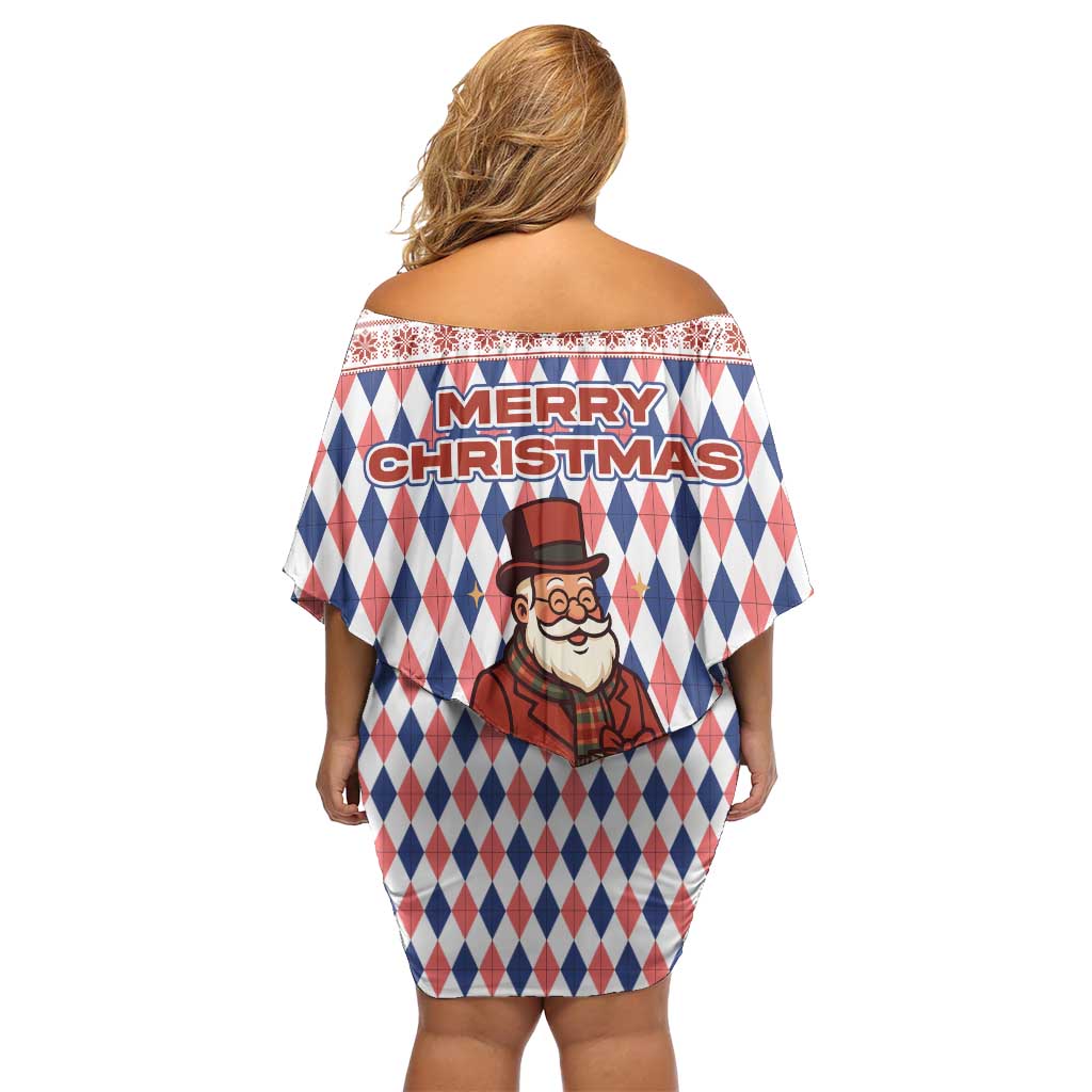 England Christmas Off Shoulder Short Dress with Red Blue White Diamond Pattern Santa and Coat of Arms - Wonder Print Shop