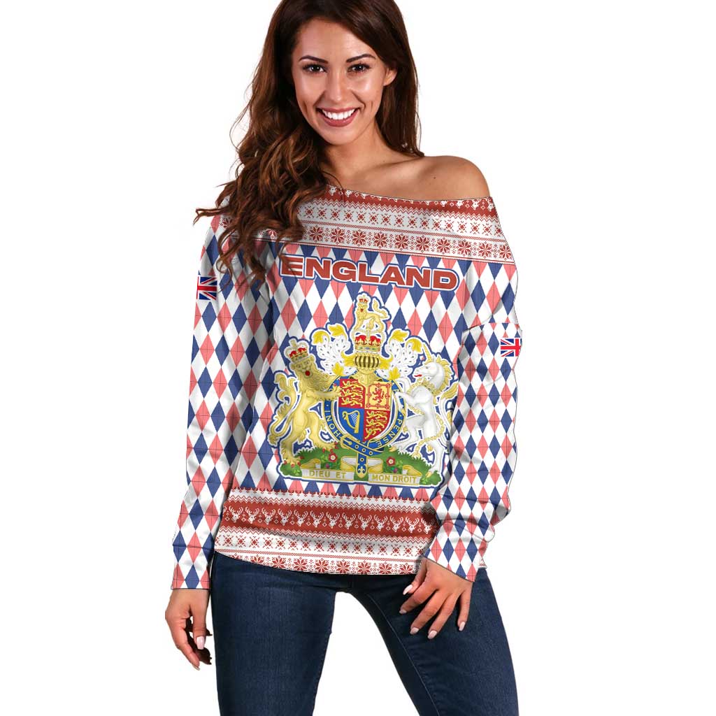 England Christmas Off Shoulder Sweater with Red Blue White Diamond Pattern Santa and Coat of Arms - Wonder Print Shop