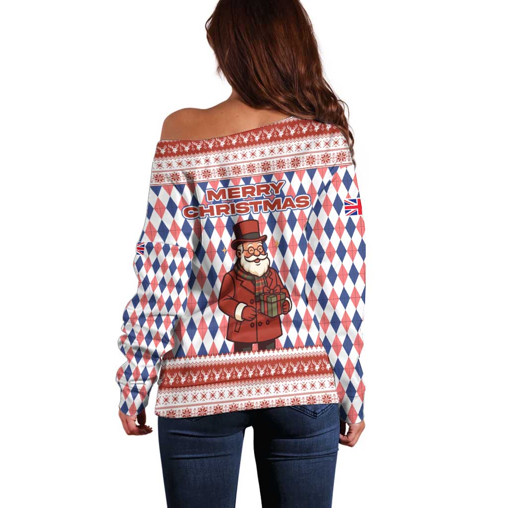England Christmas Off Shoulder Sweater with Red Blue White Diamond Pattern Santa and Coat of Arms - Wonder Print Shop