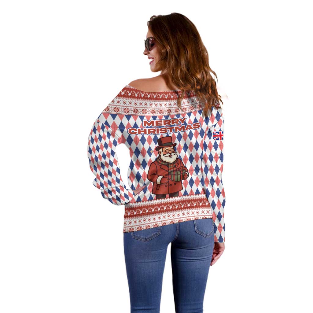 England Christmas Off Shoulder Sweater with Red Blue White Diamond Pattern Santa and Coat of Arms - Wonder Print Shop