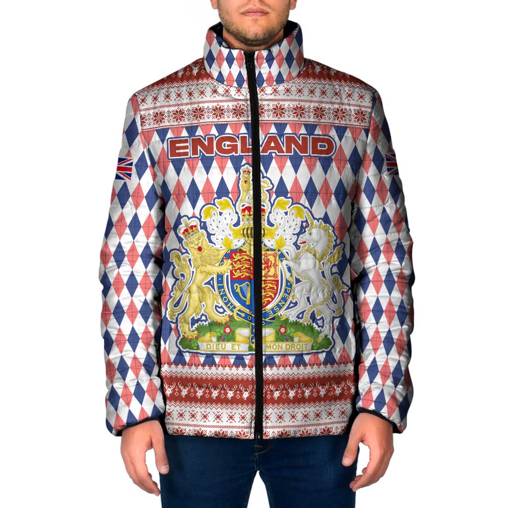 England Christmas Padded Jacket with Red Blue White Diamond Pattern Santa and Coat of Arms - Wonder Print Shop