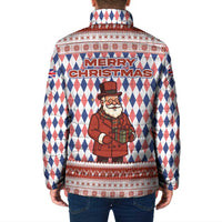 England Christmas Padded Jacket with Red Blue White Diamond Pattern Santa and Coat of Arms - Wonder Print Shop