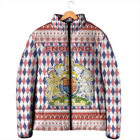 England Christmas Padded Jacket with Red Blue White Diamond Pattern Santa and Coat of Arms - Wonder Print Shop