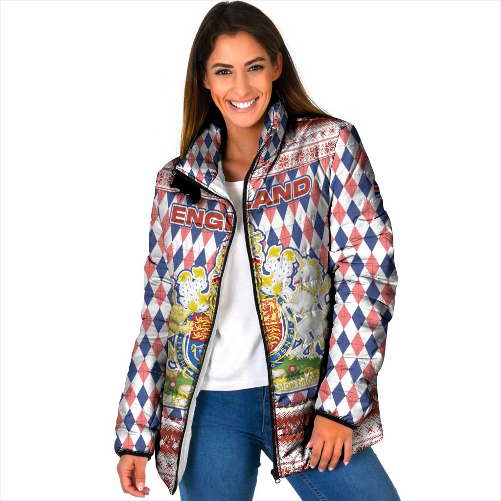 England Christmas Padded Jacket with Red Blue White Diamond Pattern Santa and Coat of Arms - Wonder Print Shop