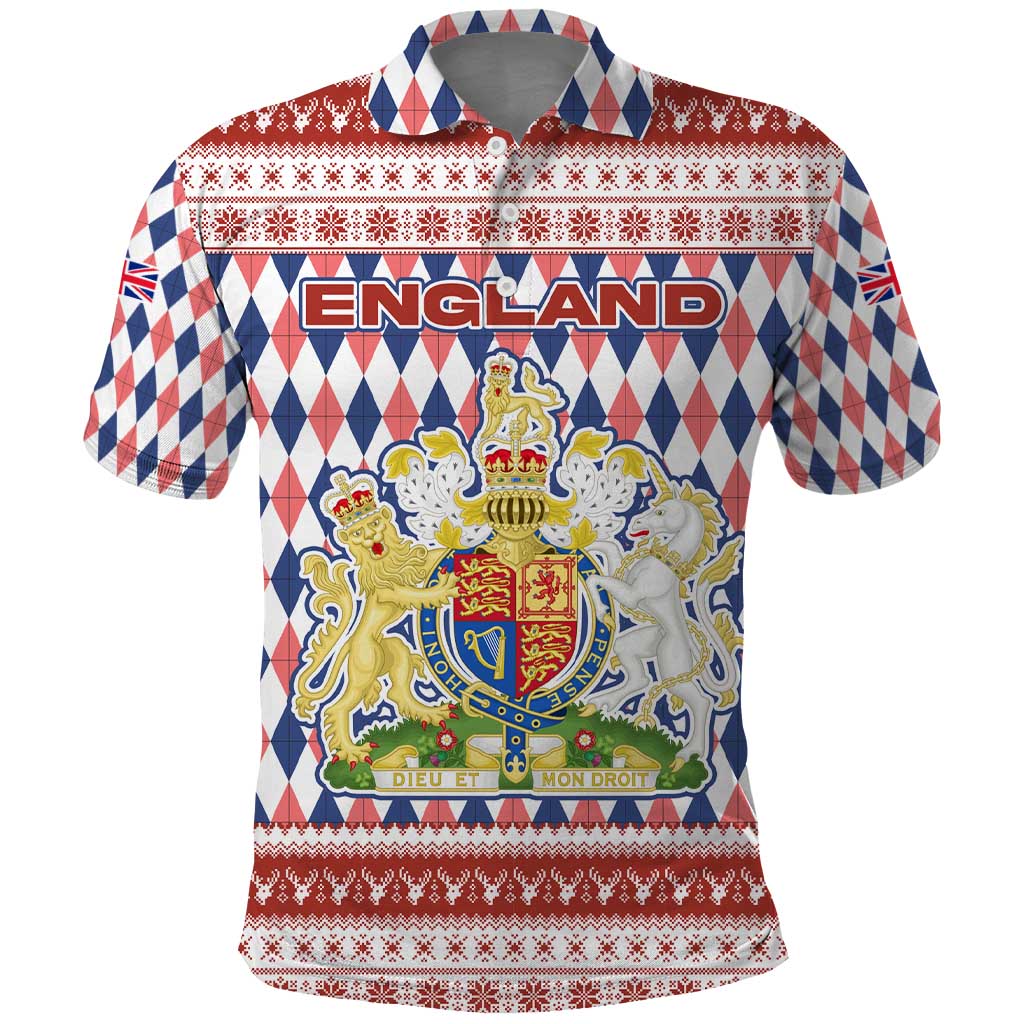 England Christmas Polo Shirt with Red Blue White Diamond Pattern Santa and Coat of Arms - Wonder Print Shop