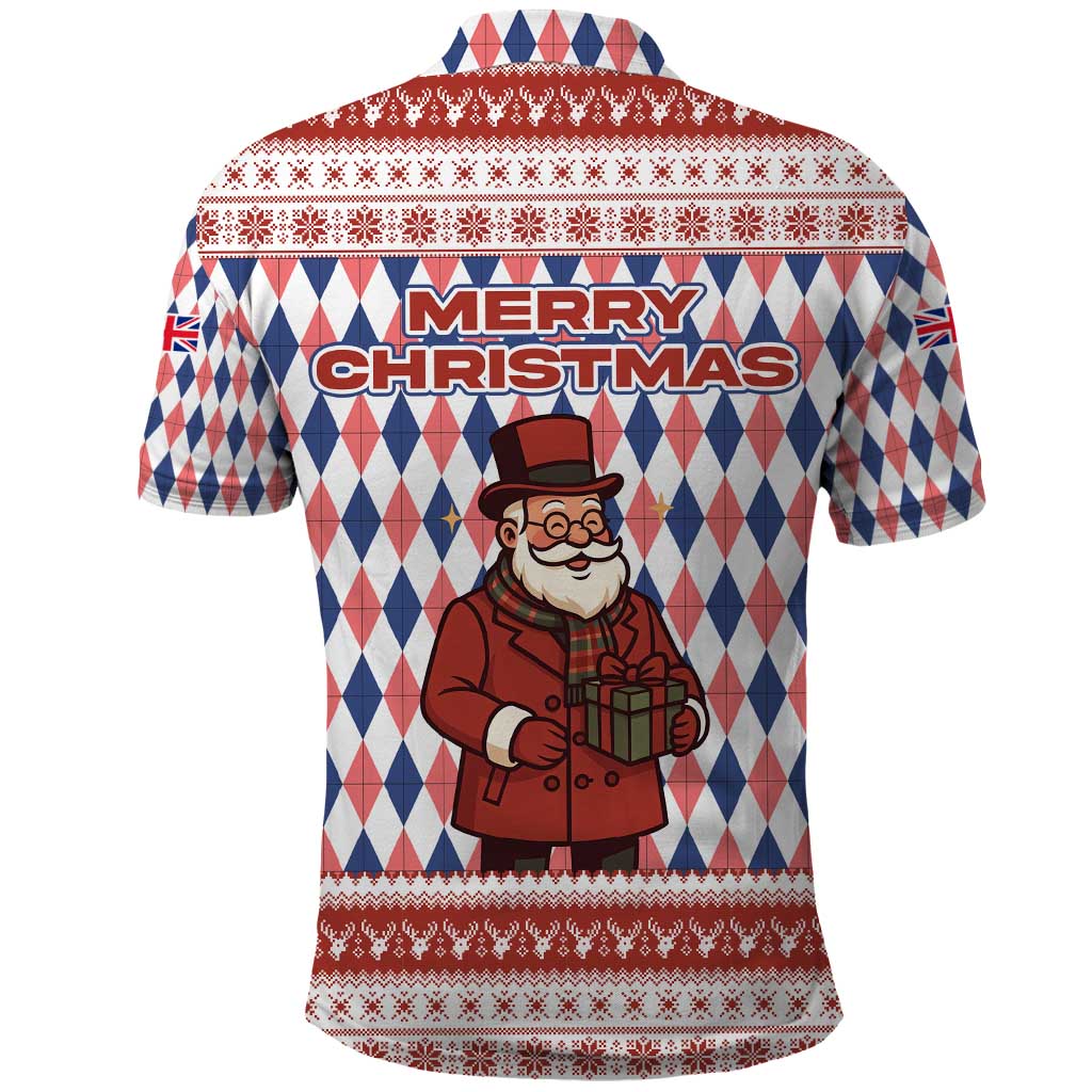 England Christmas Polo Shirt with Red Blue White Diamond Pattern Santa and Coat of Arms - Wonder Print Shop