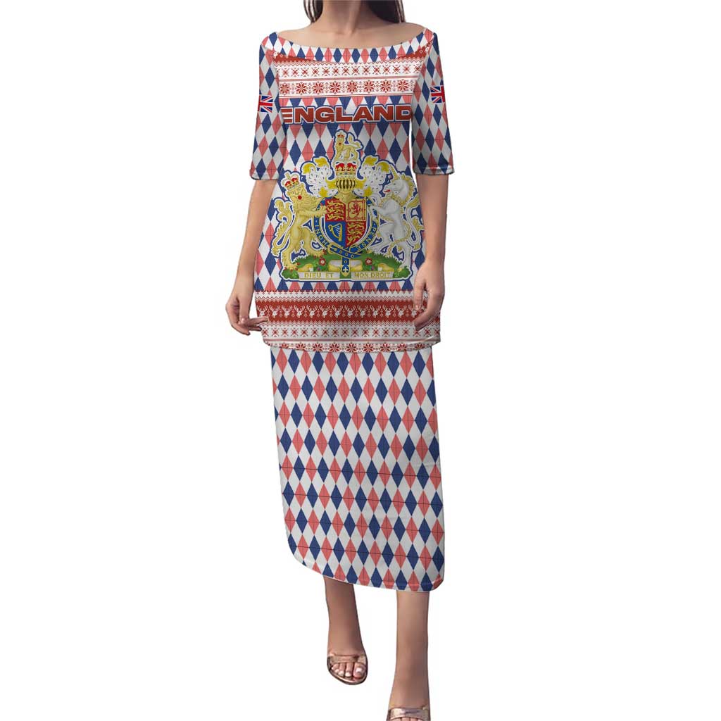 England Christmas Puletasi with Red Blue White Diamond Pattern Santa and Coat of Arms - Wonder Print Shop